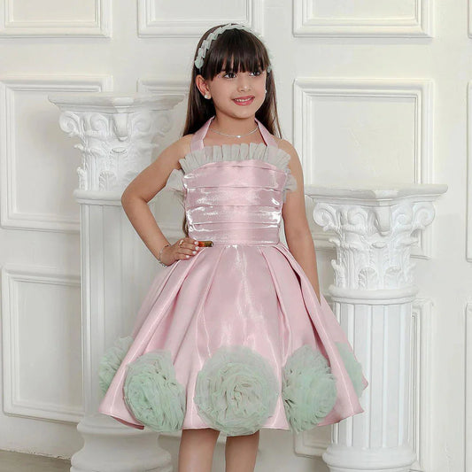 Luxury Pink Arabic Girl Dress Handmade Flowers Kids Princess J195
