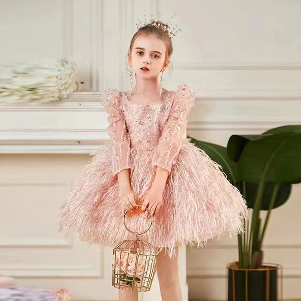 Luxury Pink Arabic Girl Dress Sequined Baby Kids Princess J161
