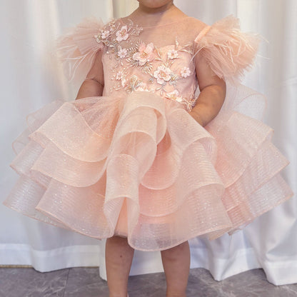 Luxury Pink Baby Flower Girl Dress Feathers Princess Kids Ball Gown J144