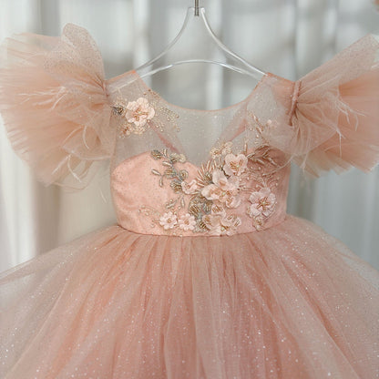 Luxury Pink Baby Flower Girl Dress Feathers Princess Kids Ball Gown J144
