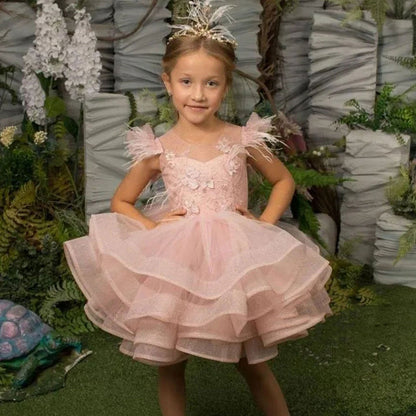 Luxury Pink Baby Flower Girl Dress Feathers Princess Kids Ball Gown J144