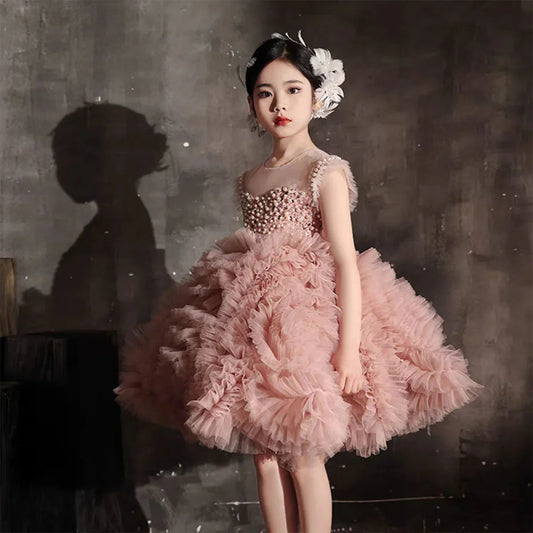 Luxury Pink Baby Flower Girl Dresses Arabic Pearls Princess J042