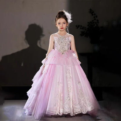 Luxury Pink Beading Princess Birthday Girl Dress J125