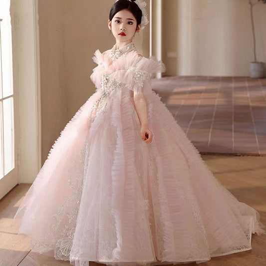 Luxury Pink Crystal Off Shoulder Court Train Girl Dress J334