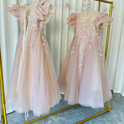 Luxury Pink Dubai Girl Dress 3D Flowers Pearls Arabic Princess J384
