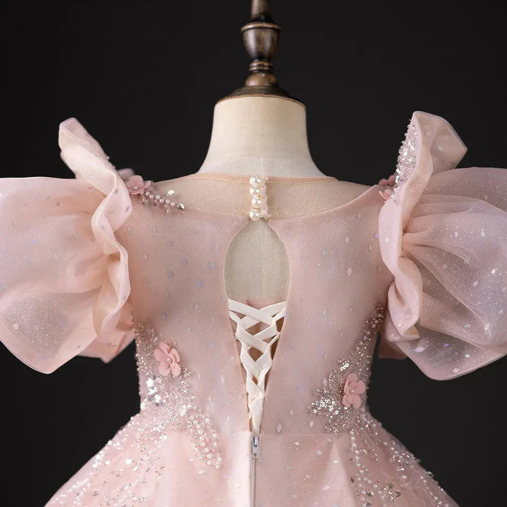 Luxury Pink Dubai Girl Dress 3D Flowers Pearls Arabic Princess J384