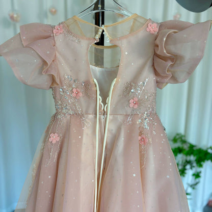 Luxury Pink Dubai Girl Dress 3D Flowers Pearls Arabic Princess J384