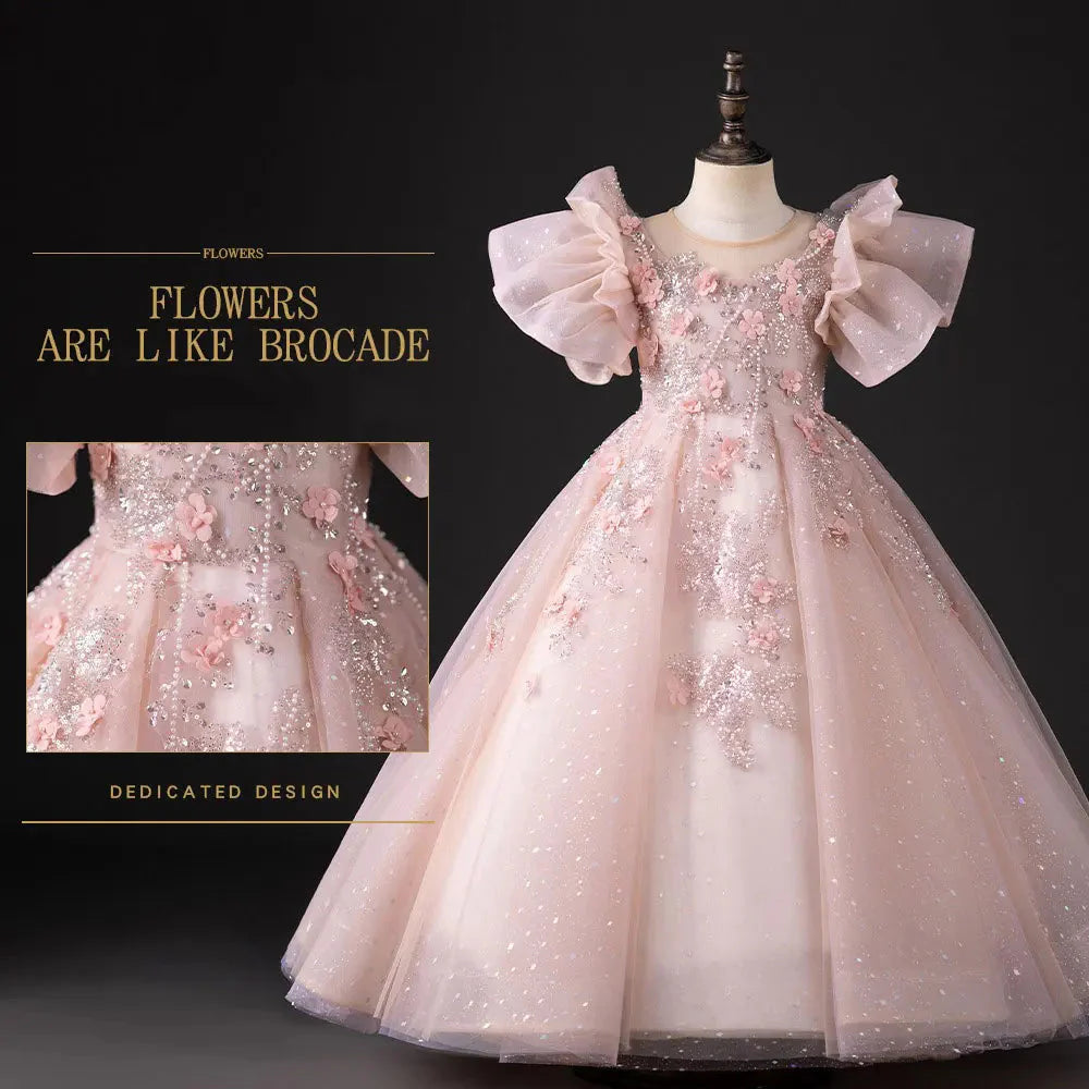 Luxury Pink Dubai Girl Dress 3D Flowers Pearls Arabic Princess J384