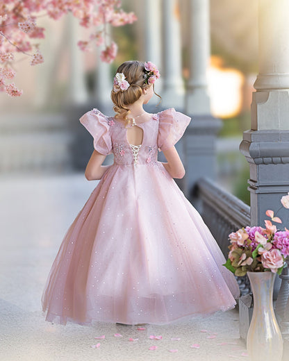Luxury Pink Dubai Girl Dress 3D Flowers Pearls Arabic Princess J384