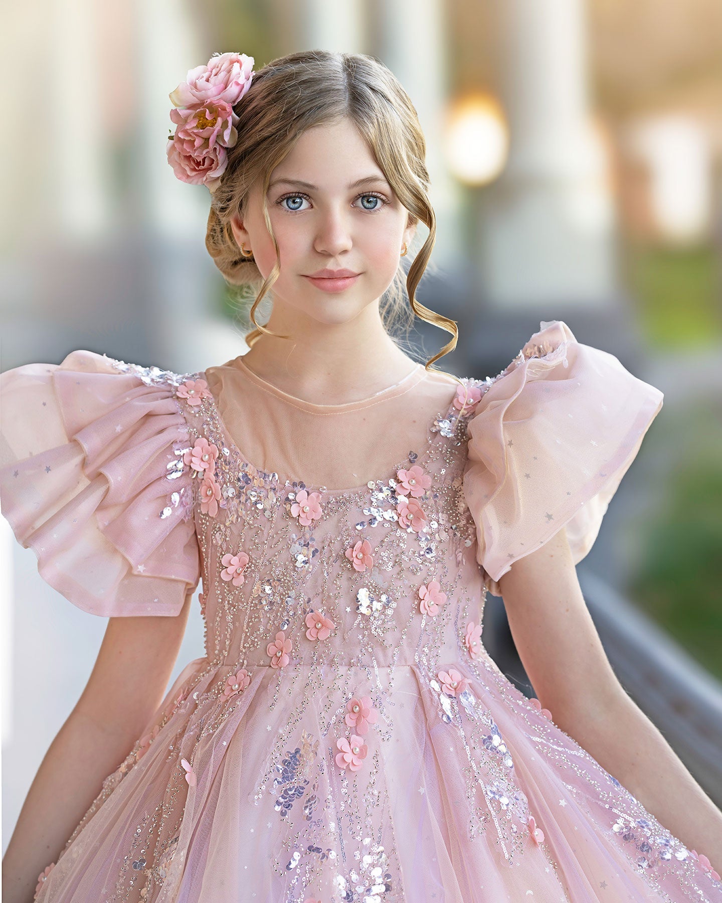 Luxury Pink Dubai Girl Dress 3D Flowers Pearls Arabic Princess J384