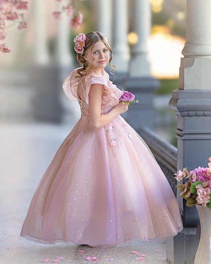 Luxury Pink Dubai Girl Dress 3D Flowers Pearls Arabic Princess J384