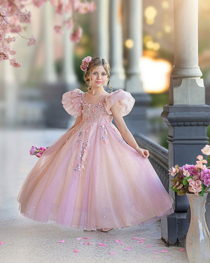 Luxury Pink Dubai Girl Dress 3D Flowers Pearls Arabic Princess J384