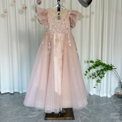 Luxury Pink Dubai Girl Dress 3D Flowers Pearls Arabic Princess J384