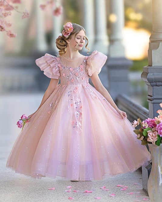 Luxury Pink Dubai Girl Dress 3D Flowers Pearls Arabic Princess J384