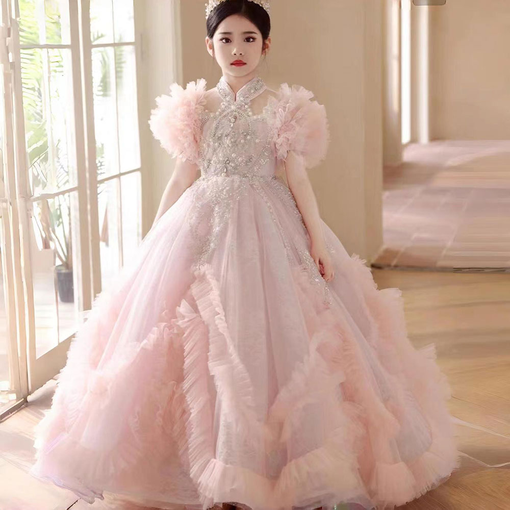 Luxury Pink Dubai Girl Dress Beaded Arabric Ball Gown J267