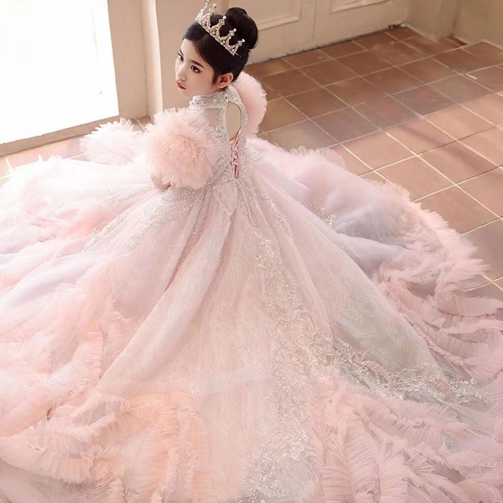 Luxury Pink Dubai Girl Dress Beaded Arabric Ball Gown J267