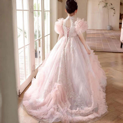 Luxury Pink Dubai Girl Dress Beaded Arabric Ball Gown J267