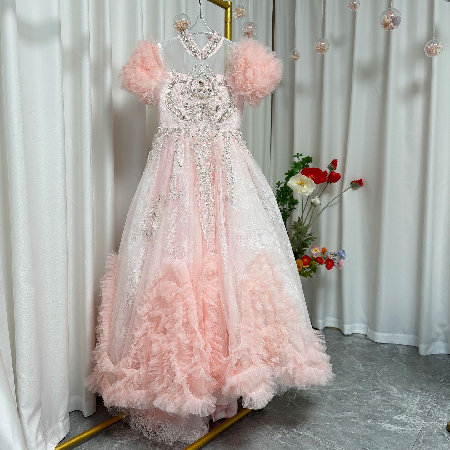 Luxury Pink Dubai Girl Dress Beaded Arabric Ball Gown J267