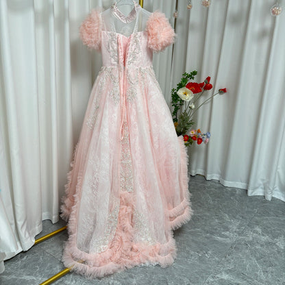 Luxury Pink Dubai Girl Dress Beaded Arabric Ball Gown J267