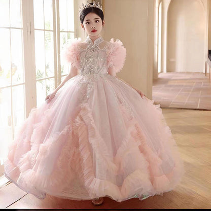 Luxury Pink Dubai Girl Dress Beaded Arabric Ball Gown J267