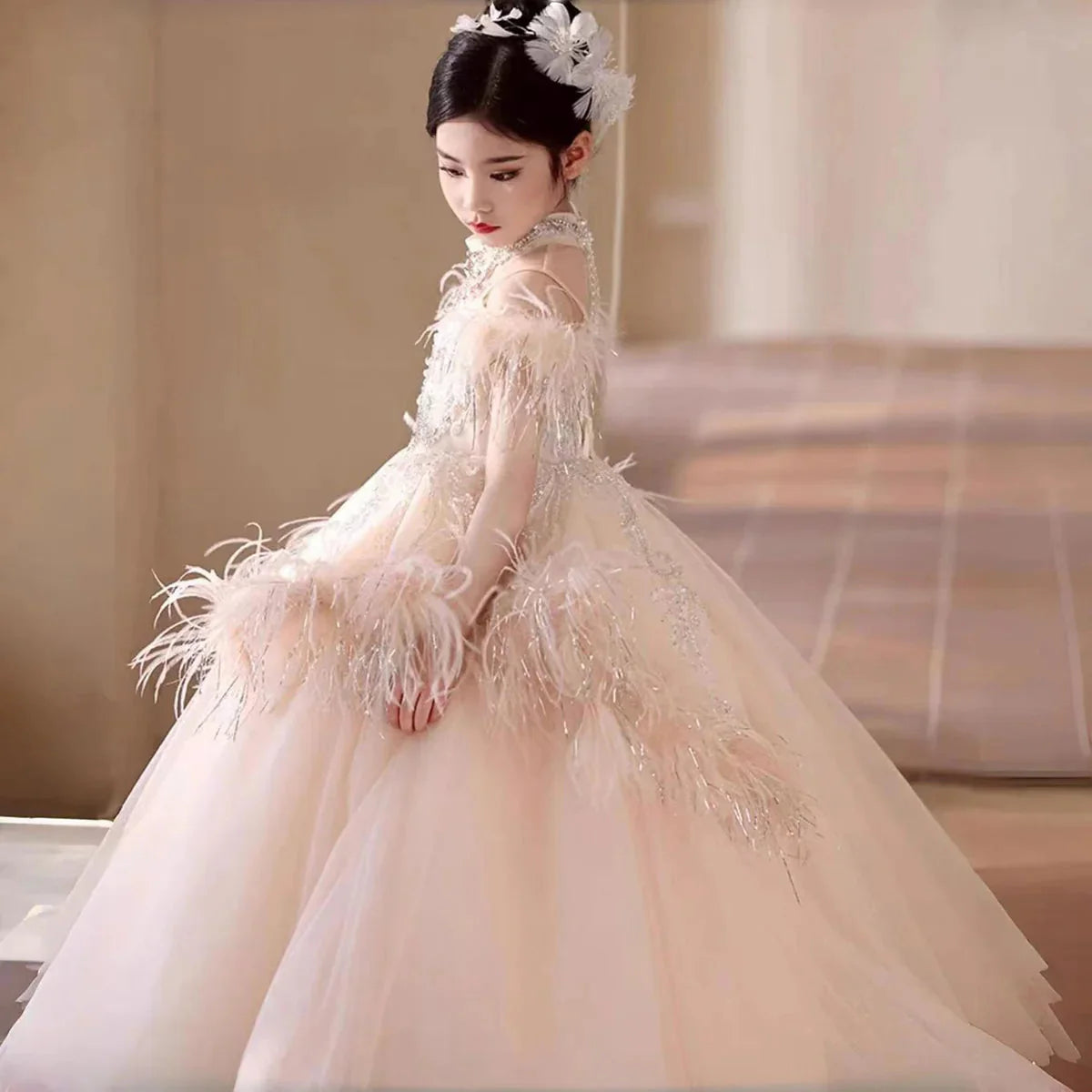 Luxury Pink Dubai Girl Dress Beaded Feathers Arabic Princess J138