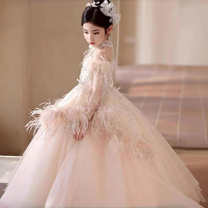 Luxury Pink Dubai Girl Dress Beaded Feathers Arabic Princess J138