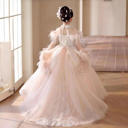 Luxury Pink Dubai Girl Dress Beaded Feathers Arabic Princess J138