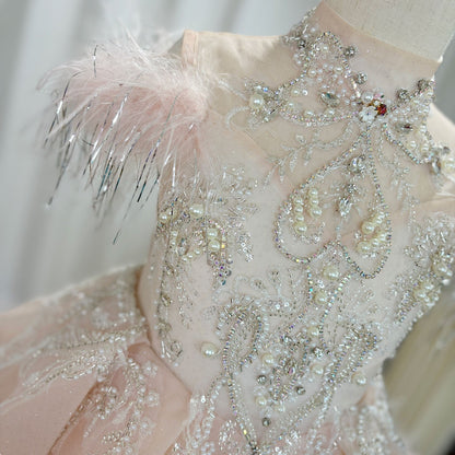 Luxury Pink Dubai Girl Dress Beaded Feathers Arabic Princess J138