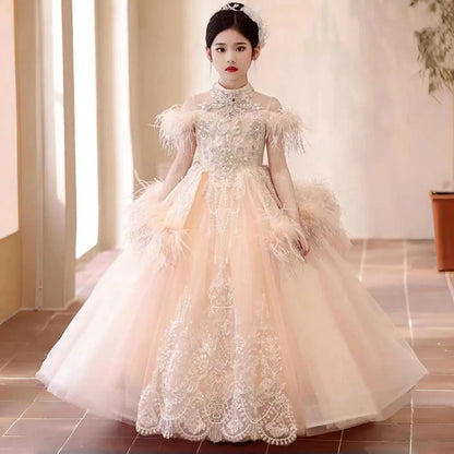 Luxury Pink Dubai Girl Dress Beaded Feathers Arabic Princess J138