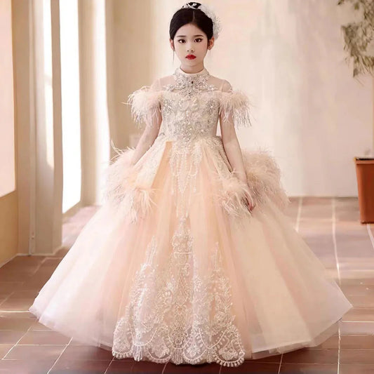 Luxury Pink Dubai Girl Dress Beaded Feathers Arabic Princess J138
