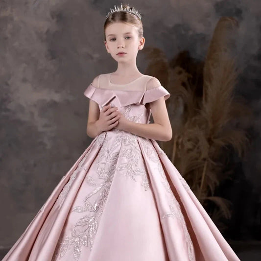 Luxury Pink Flower Girl Dress Appliques Sequined Princess J129