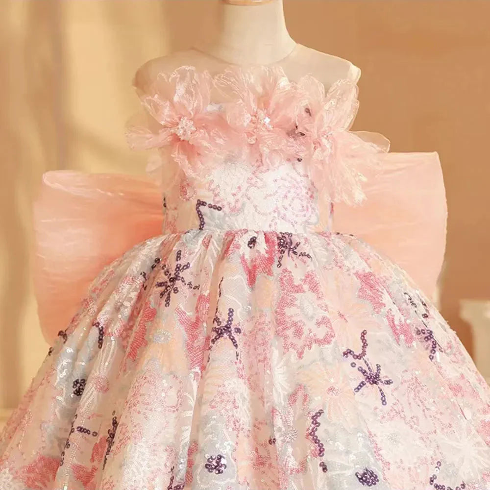 Luxury Pink Flower Girl Dress Beads Arabic Princess Bow Kids J247