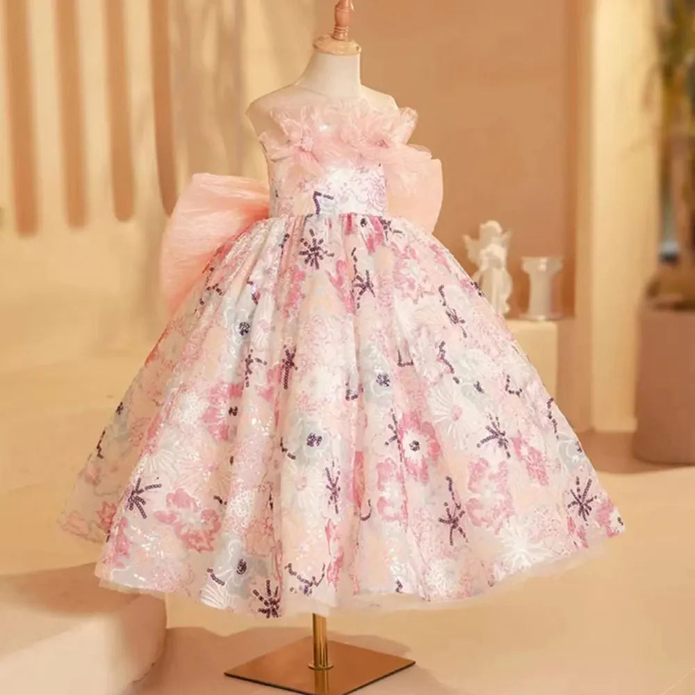 Luxury Pink Flower Girl Dress Beads Arabic Princess Bow Kids J247