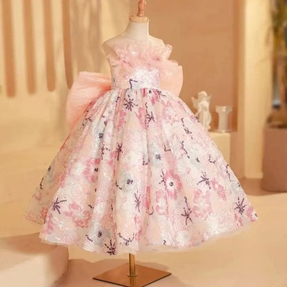 Luxury Pink Flower Girl Dress Beads Arabic Princess Bow Kids J247