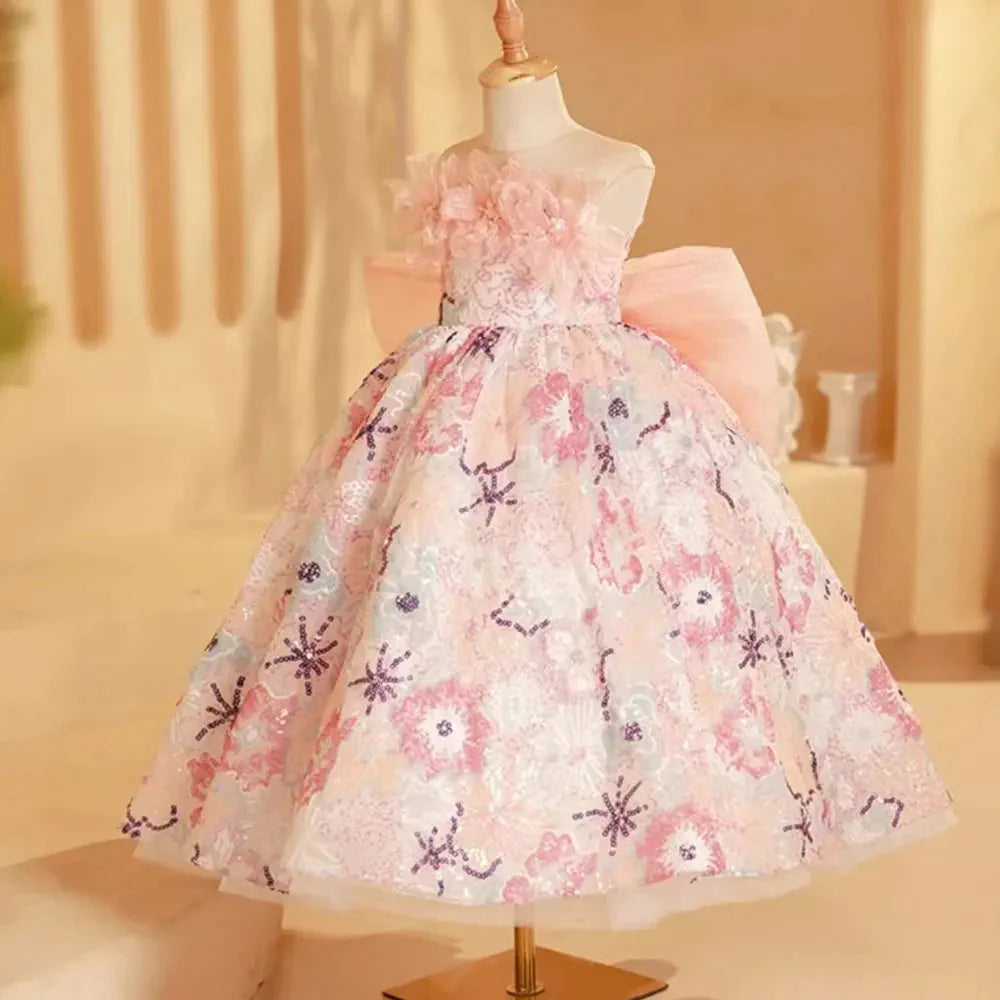 Luxury Pink Flower Girl Dress Beads Arabic Princess Bow Kids J247