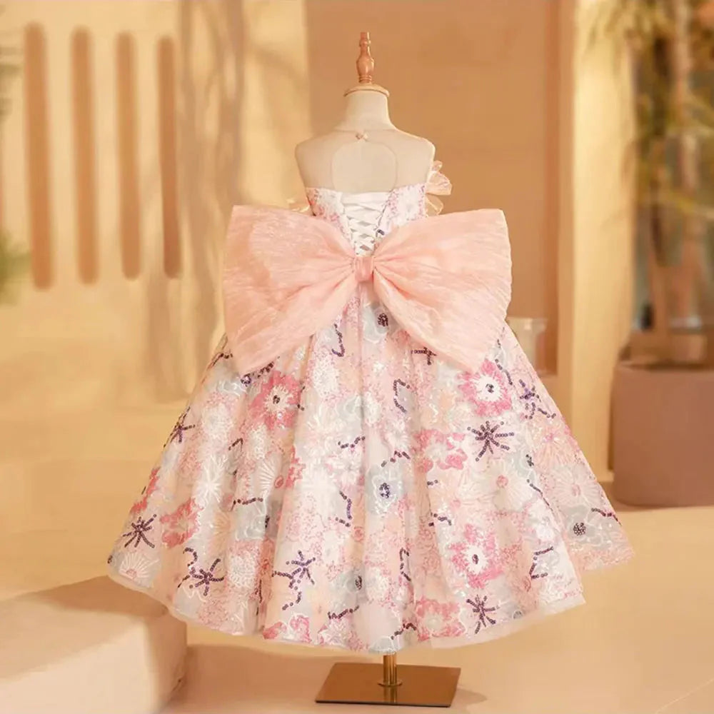 Luxury Pink Flower Girl Dress Beads Arabic Princess Bow Kids J247