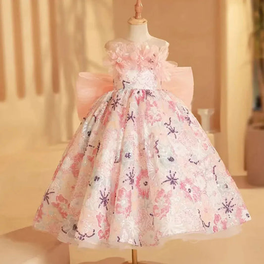 Luxury Pink Flower Girl Dress Beads Arabic Princess Bow Kids J247