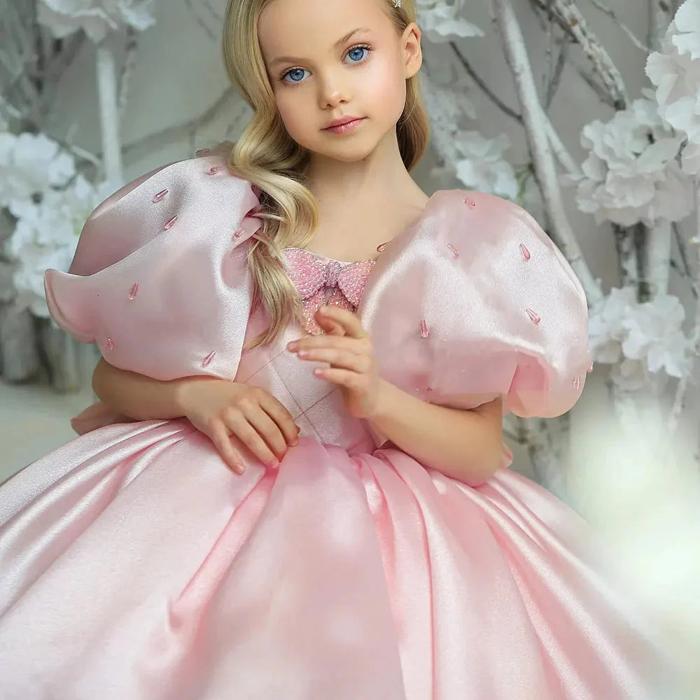 Luxury Pink Girl Dress Beaded Puffy Sleeve Bow Dubai Princess M032