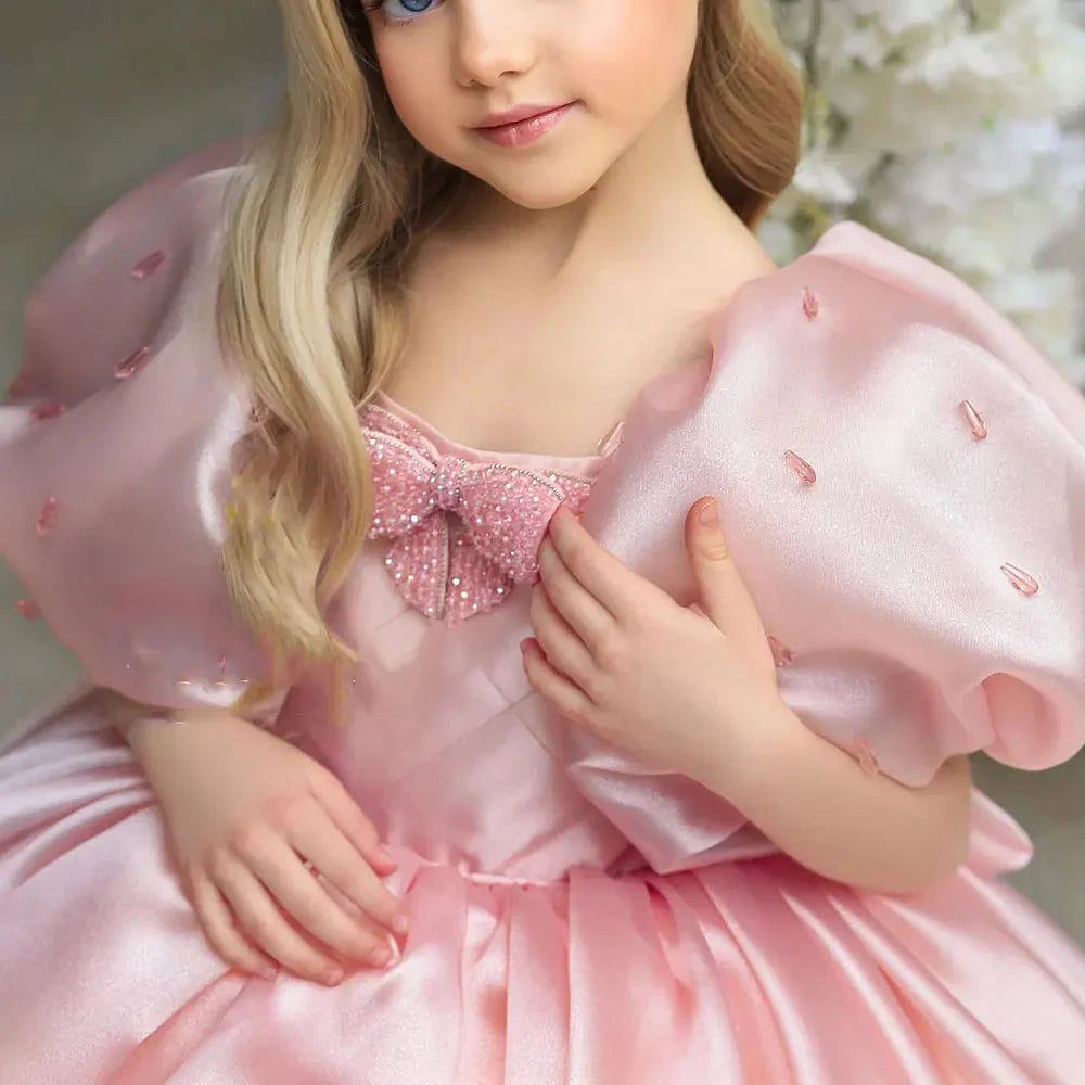 Luxury Pink Girl Dress Beaded Puffy Sleeve Bow Dubai Princess M032