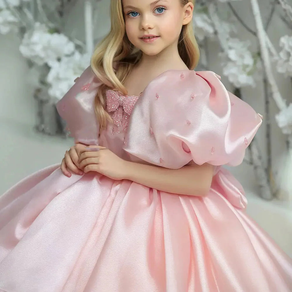 Luxury Pink Girl Dress Beaded Puffy Sleeve Bow Dubai Princess M032
