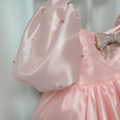 Luxury Pink Girl Dress Beaded Puffy Sleeve Bow Dubai Princess M032