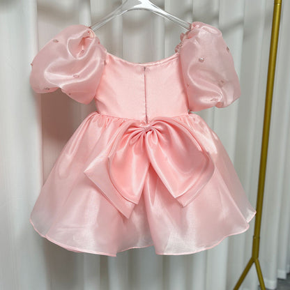 Luxury Pink Girl Dress Beaded Puffy Sleeve Bow Dubai Princess M032
