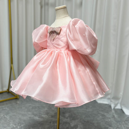 Luxury Pink Girl Dress Beaded Puffy Sleeve Bow Dubai Princess M032
