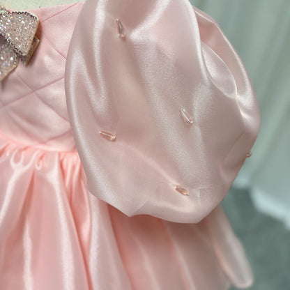Luxury Pink Girl Dress Beaded Puffy Sleeve Bow Dubai Princess M032