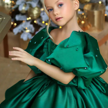 Luxury Pink Girl Dress Beaded Puffy Sleeve Bow Dubai Princess M032