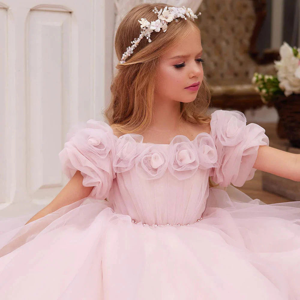 Luxury Pink Girl Dress Handmade Flowers Princess Quinceañera J150