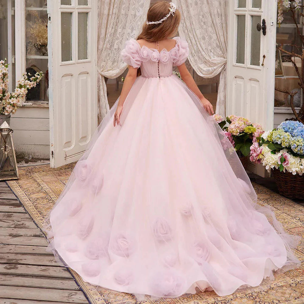 Luxury Pink Girl Dress Handmade Flowers Princess Quinceañera J150