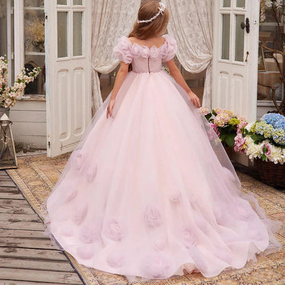Luxury Pink Girl Dress Handmade Flowers Princess Quinceañera J150