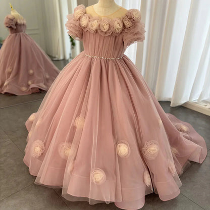 Luxury Pink Girl Dress Handmade Flowers Princess Quinceañera J150