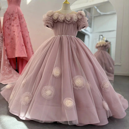 Luxury Pink Girl Dress Handmade Flowers Princess Quinceañera J150